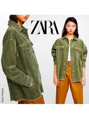 ZARA Corduroy Oversized Trucker Jacket Olive Green (S)